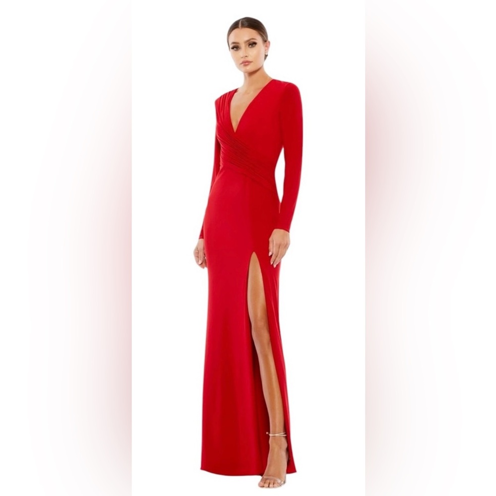 Mac Duggal long sleeve maxi dress with slit